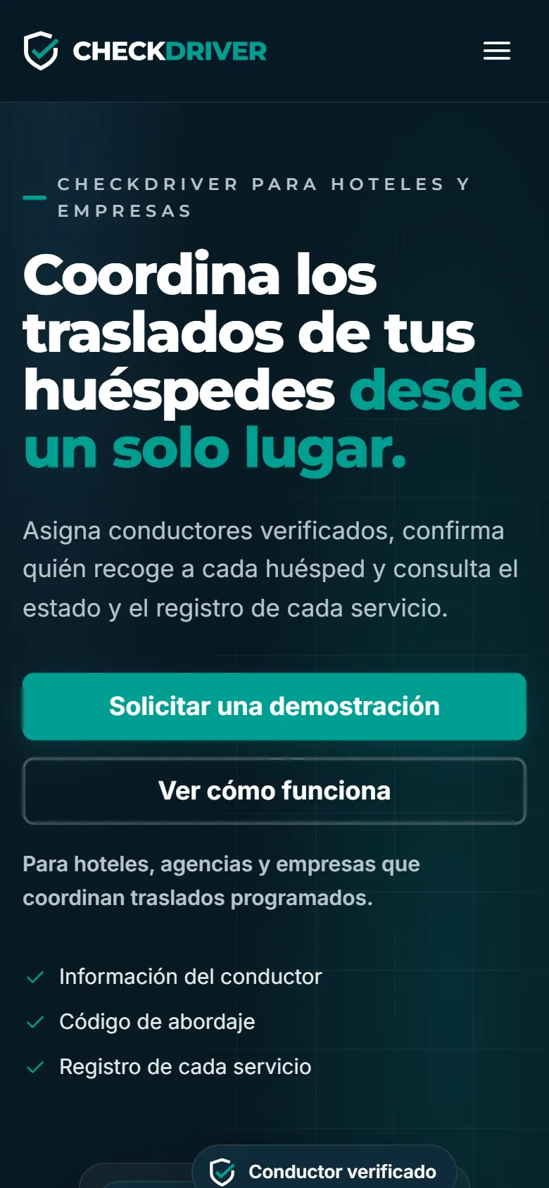 CheckDriver en un celular: el mismo mensaje principal y los botones para solicitar una demostración, adaptados a pantalla pequeña.