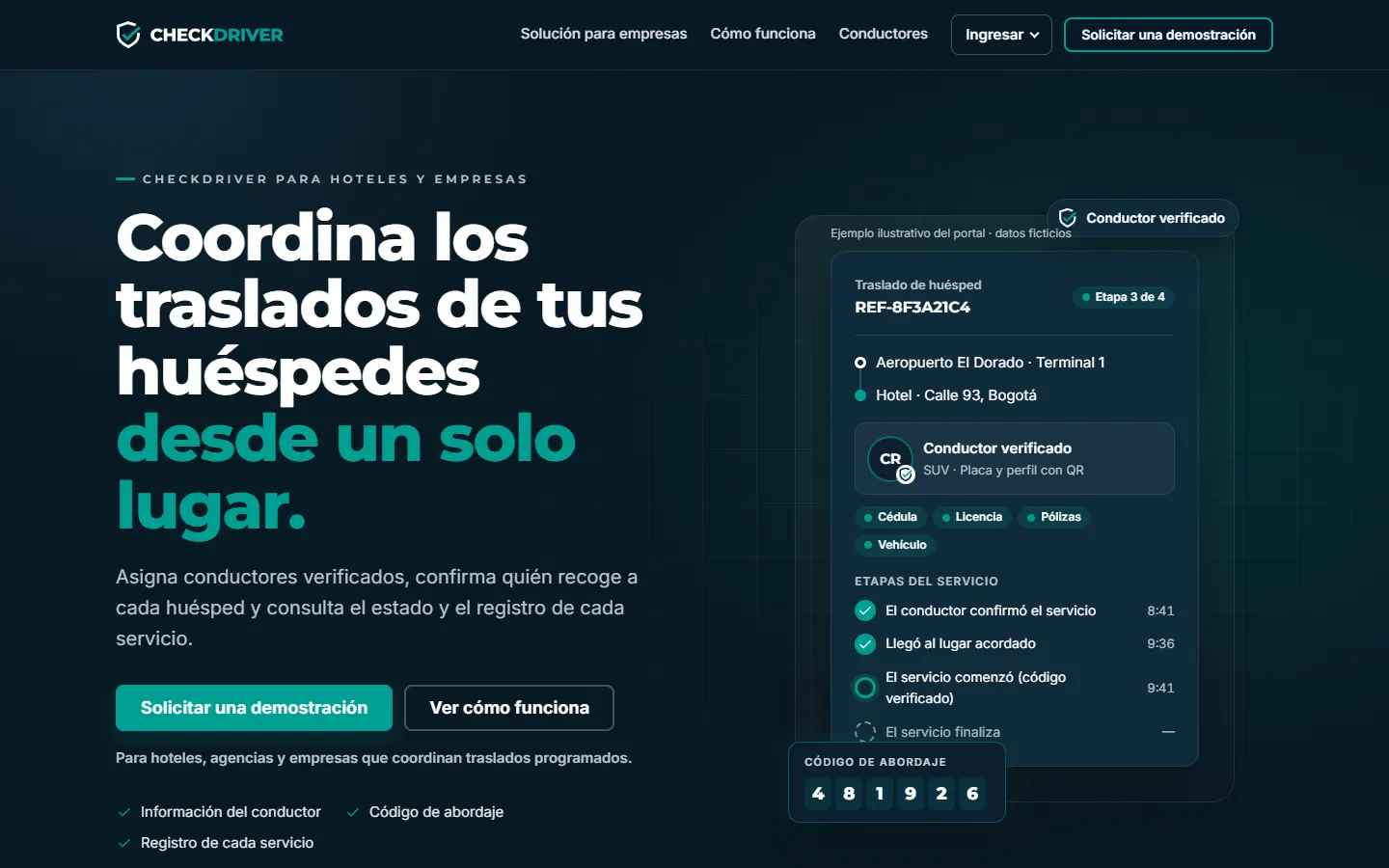 Página de inicio de CheckDriver: «Coordina los traslados de tus huéspedes desde un solo lugar», con una vista ilustrativa del portal que muestra las etapas de un servicio.